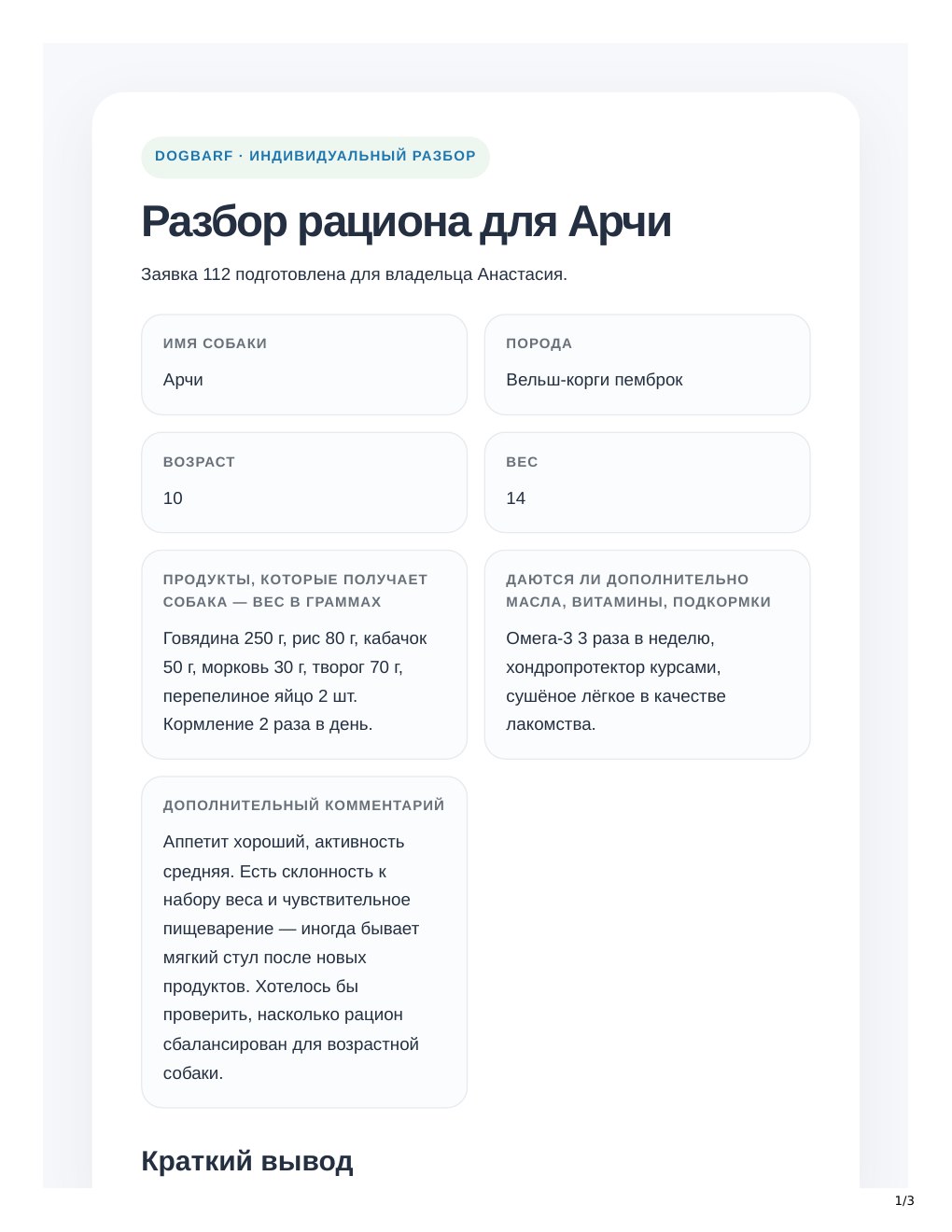 Первая страница примера разбора рациона